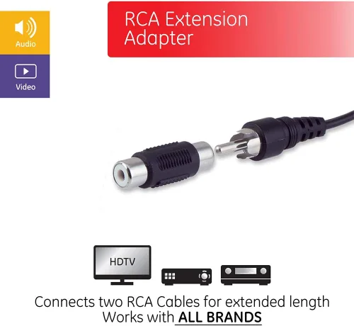 Vista 2 de GE Adaptador de acoplador RCA, paquete de 2, conectores hembra a hembra, extensión de longitud y alcance de cables RCA, barril extensor de cable