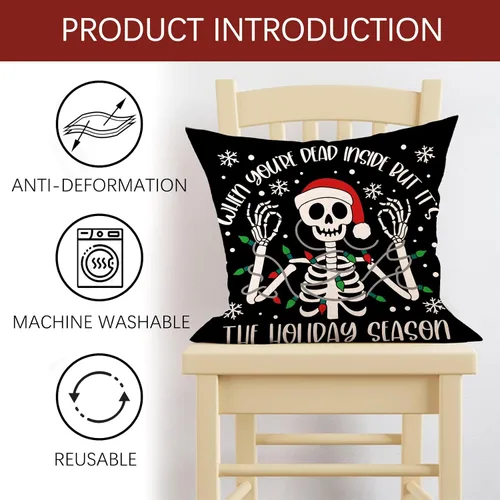 Vista 4 de Juego de 4 fundas de almohada decorativas de esqueleto gótico de Navidad de 18 x 18 pulgadas, diseño de calavera de Navidad, decoración del hogar al