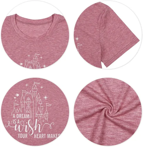 Vista 4 de Camiseta con texto en inglés "A Dream is a Wish Your Heart Make", divertida camiseta con estampado de letras de castillo para mujer