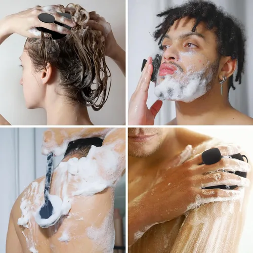 Vista 2 de Juego de exfoliante corporal de silicona, incluye limpiadores de espalda y cuerpo, cepillo facial, masajeador de cuero cabelludo, 4 ganchos de Negro