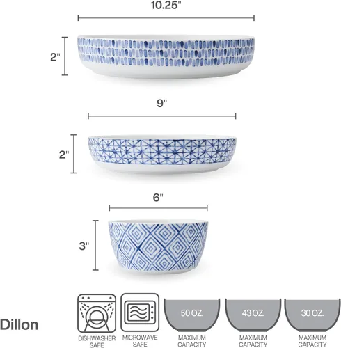 Vista 2 de Mikasa Dillon Bone - Juego de vajilla de porcelana ligera resistente a las astillas, 9 piezas, servicio para 3, color azul