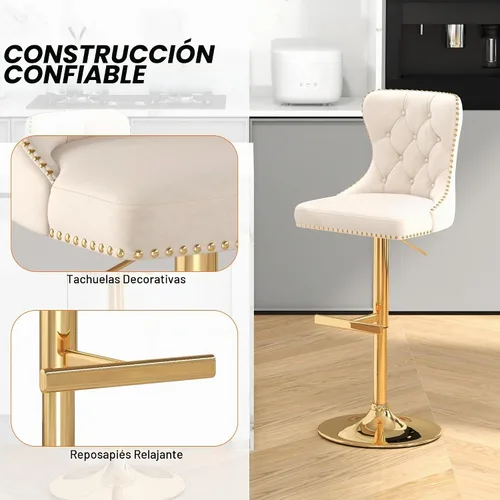 Vista 5 de Juego de 2 taburetes de bar giratorios de terciopelo con respaldo copetudo y base dorada, beige Adjustable Counter Height Barstools with Soft