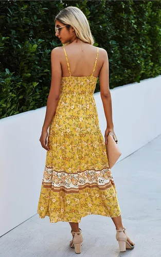 Vista 6 de Angashion - Vestido largo, diseño floral, ajustable con tirantes delgados, cuello en V, bohemio, para verano, playa, étnico y holgado, para mujer