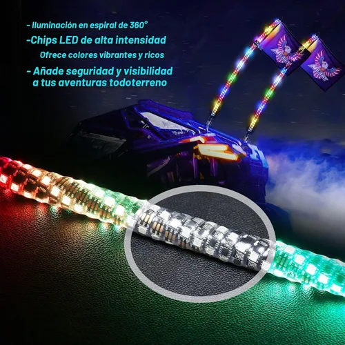 Vista 4 de 1 unidad de 1,2 m de luces LED de látigo, control remoto y aplicación, 600 colores con antena iluminada en espiral impermeable para UTV ATV, Polaris