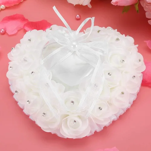 Vista 2 de TOPINCN Almohada de boda, soporte de caja de corazón de boda, romántica en forma de corazón, caja de boda, decoración de rosa, cojín de almohada