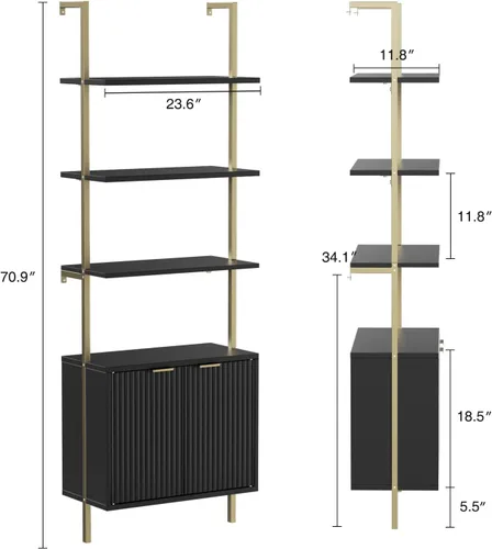 Vista 2 de Estantería de escalera con gabinete, estantería de pared de 71 pulgadas de alto con estantes y almacenamiento, estante de escalera estriado
