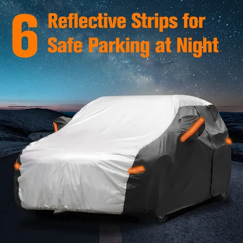 Vista 4 de Funda impermeable para auto al aire libre, para todo tipo de climas, 6 capas de cubierta completa, protección contra lluvia, sol y rayos UV