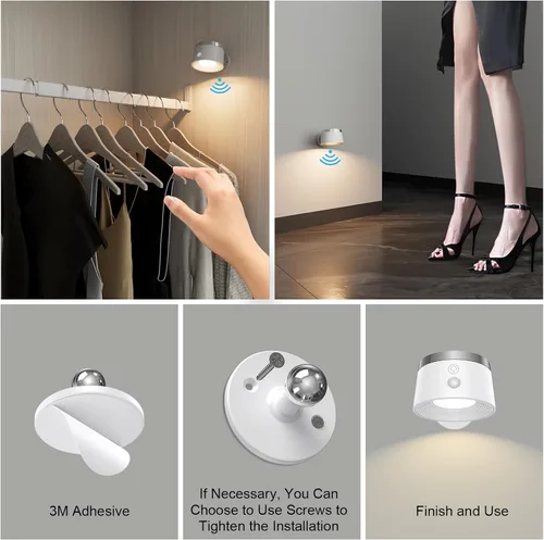 Vista 6 de Apliques de pared de fuente de luz con sensor de movimiento, luces LED inalámbricas de noche de pared con rotación de 360° y recargable, 3