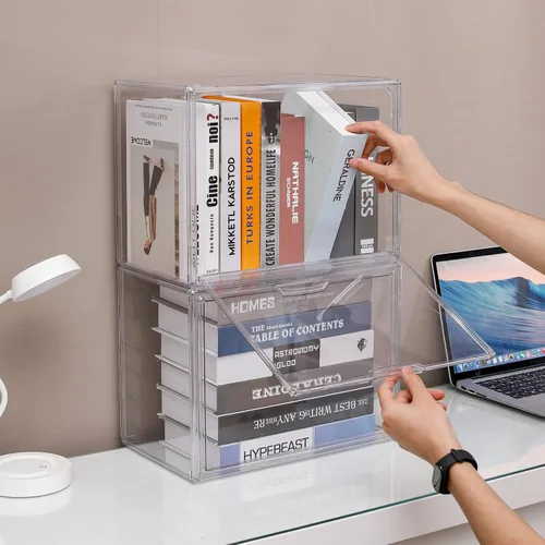 Vista 6 de FABROK Caja Organizadora de Almacenamiento de Libros Transparente, Estuche de Exhibición de Libros de Plástico Apilable con Puerta Magnética