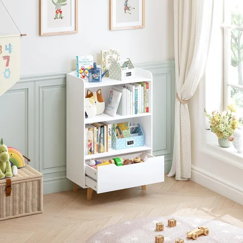 Vista 3 de UTEX Estantería para niños, libreros para niños con almacenamiento y cajón, organizador de almacenamiento de juguetes para niños de madera para sala