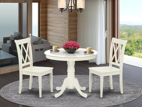 Vista 2 de East West Furniture ANCL3-LWH-W - Juego de mesa de cocina de 3 piezas para espacios pequeños contiene una mesa de comedor redonda con pedestal y 2