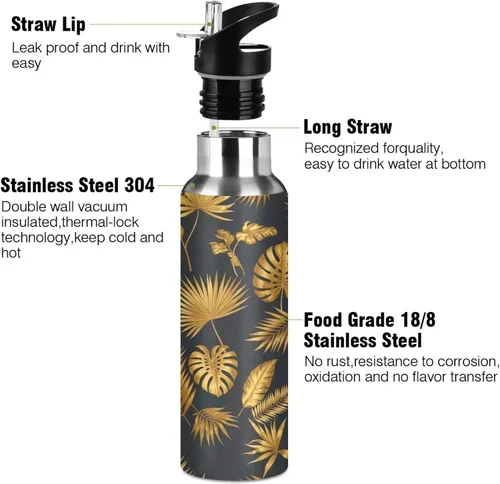 Vista 3 de Tropical Leaves - Botella de agua de acero inoxidable de 32 onzas, sin BPA, botella de agua deportiva a prueba de fugas