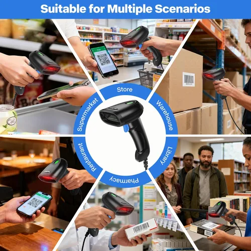 Vista 7 de Lector de códigos de barras 1D&2D USB portátil, lector de códigos QR con cable PDF417 Matriz de datos con cable USB largo para pago móvil POS