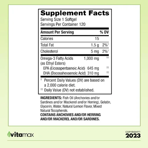 Vista 2 de Spring Valley Omega-3 de aceite de pescado 1000 mg, cuidado máximo, 120 unidades + guía exclusiva de vitaminas VitaMax (2 artículos)