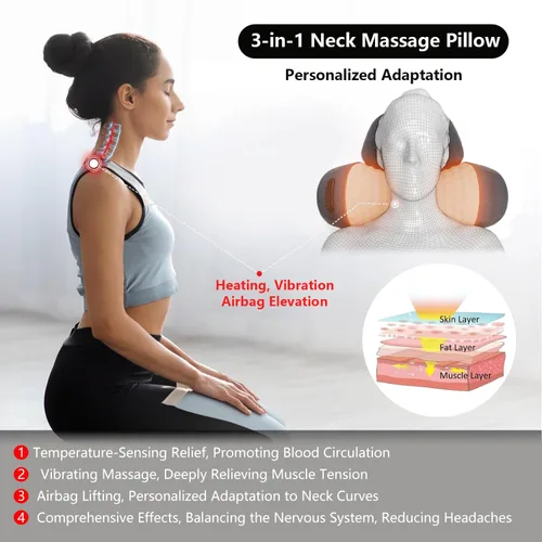 Vista 4 de Almohada de tracción cervical 3 en 1 para masaje, calentamiento, vibración, elevación de airbag, masaje automático, almohada de tracción cervical