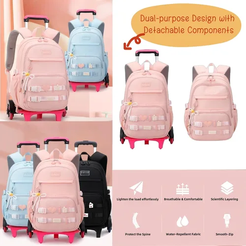Vista 6 de Mochila con ruedas para niñas, mochila con ruedas para niños, mochila escolar con 6 ruedas