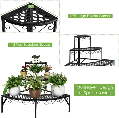Vista 4 de Giantex Soporte esquinero de metal de 3 niveles, estante esquinero redondo para plantas con almohadillas antideslizantes, estante esquinero