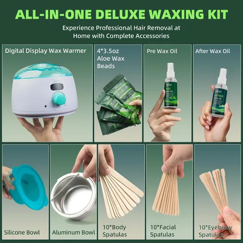 Vista 2 de VENNCO Kit de depilación digital Bundle 1lb Aloe Hard Wax Beads para depilación en casa