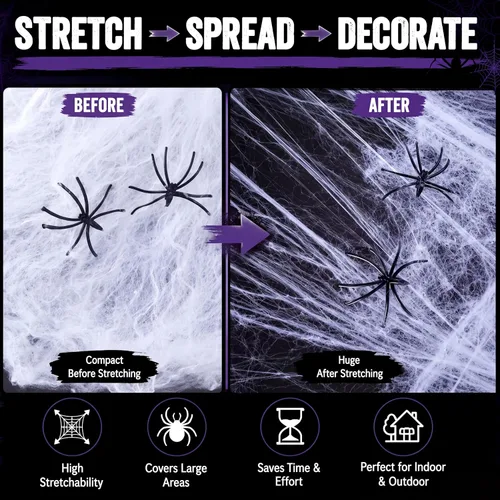 Vista 4 de Boao 6 telarañas elásticas de Halloween con 12 arañas de plástico para decoración de Halloween en interiores y exteriores