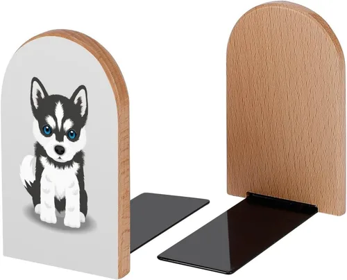 Vista 2 de Husky Puppy Kawaii - Sujetalibros decorativos de madera para estantes, habitación de los niños, oficina, hogar, libros, DVD, 1 par/2 piezas