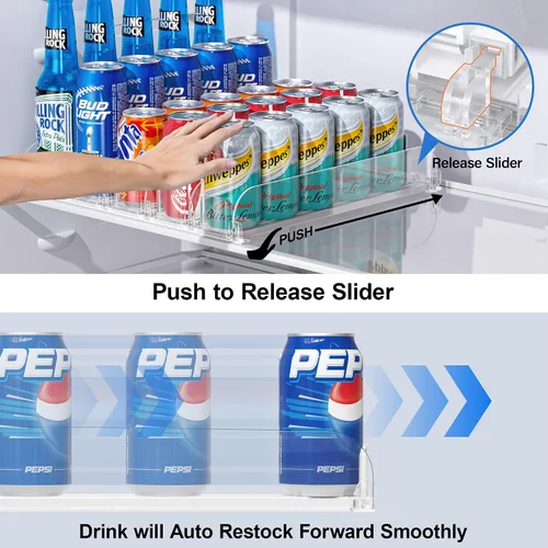 Vista 4 de LAMU Organizador de bebidas para nevera, dispensador organizador de latas de soda para refrigerador con deslizamiento automático de empuje