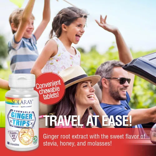 Vista 4 de SOLARAY Ginger Trips Travel Aid Extracto de raíz Apoyo digestivo saludable con miel, stevia y melaza 60 masticables