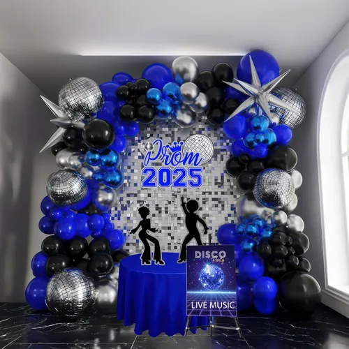 Vista 2 de Kit de guirnalda de globos azul real y plateado, con globos de aluminio de bola de discoteca 4D de estrella para hombres, cumpleaños de 30 años, día