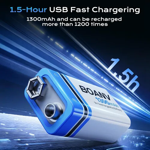 Vista 3 de 2 baterías recargables de 1300 mAh 9 V, batería recargable de litio USB de larga duración con cable de carga 2 en 1, para detectores de humo