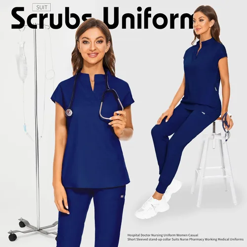 Vista 4 de VIAOLI Conjunto de uniforme médico para mujer con cuello en V y pantalón deportivo y 8 bolsillos para enfermería y trabajo clínico