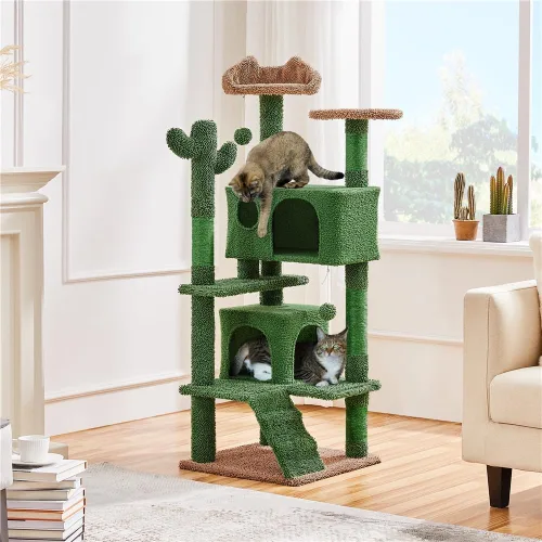 Vista 2 de Yaheetech Árbol para Gatos con Forma de Cactus, Torre de 54.5 Pulgadas con Rampa, Percha con Forma de Orejas de Animal, Postes Rascadores