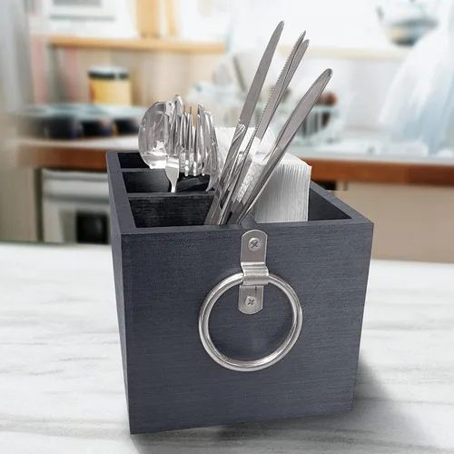 Vista 5 de Organizador de utensilios de cocina con cita familiar, organizador de utensilios de madera para cocina, caja organizadora de utensilios de cocina