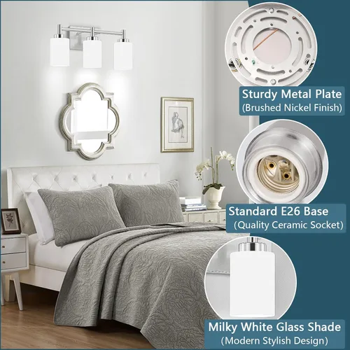 Vista 3 de 3-Light Brushed Nickel Bathroom Light Fixtures Over Mirror, Rustproof Brushed Nickel Vanity Light, Modern Bathroom Vanity Lights with Milky White