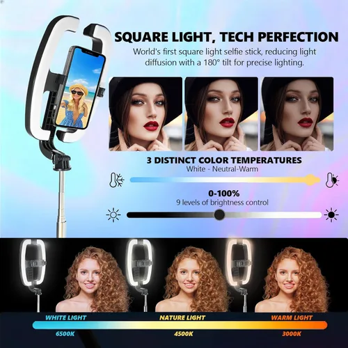 Vista 2 de Luz plegable para selfie con soporte, soporte extensible de 54 pulgadas para teléfono con luces LED regulables y control remoto, trípode de luz