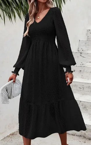 Vista 6 de PRETTYGARDEN - Vestidos de primavera para mujer, de manga larga, con cuello en V, plumetí, cintura imperio, de gasa, con volantes, vestidos por