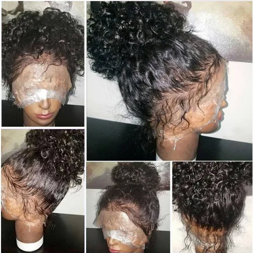 Vista 2 de Pelucas de pelo humano de encaje completo para las mujeres negras, cabello estilo mojado, ondulado, brasileño, virginal, Sin pegamento, con encaje