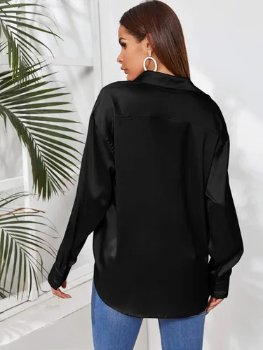 Vista 2 de SOLY HUX Women's Satin Silk Long Sleeve Button Down Shirt Office Work Blouse Top