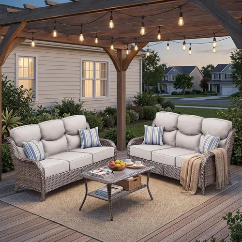 Vista 25 de Sofá de lujo para patio al aire libre, sofá de mimbre resistente para todo tipo de clima, sofá de 3 plazas con asiento profundo y funda extraíble