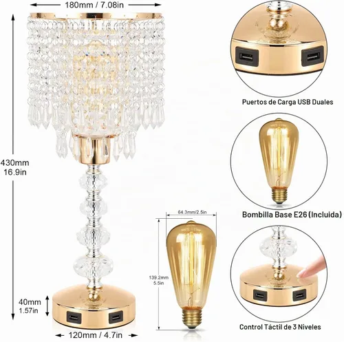 Vista 5 de Lámpara de mesa de cristal con control táctil, regulable de 3 vías, lámpara pequeña para mesita de noche con 2 puertos de carga USB, lámpara de mesa