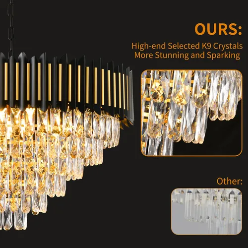 Vista 7 de Candelabro moderno de cristal negro y dorado de 15 luces para comedor, sala de estar, redondo, 6 niveles, contemporáneo, colgante de techo, lámpara