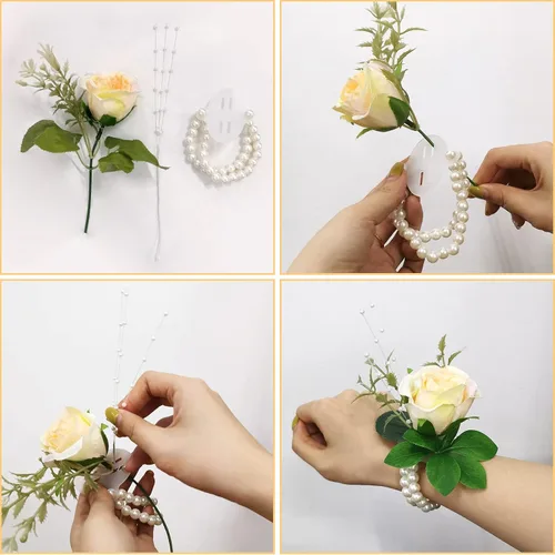 Vista 7 de SNAIL GARDEN 12 pulseras elásticas de ramillete de perlas y 12 cuerdas de perlas, accesorios de ramillete de cuentas ajustables para bodas, bailes