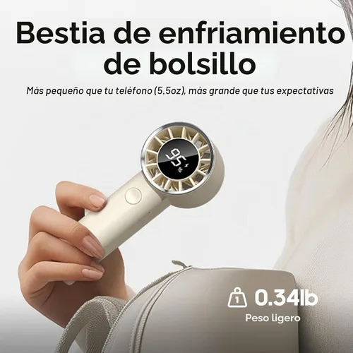 Vista 4 de Ventilador de mano portátil, mini ventilador personal ajustable de 100 velocidades, funciona con batería recargable USB-C de 3000 mAh, pantalla Beige