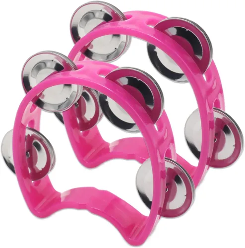 Vista 6 de Paquete de 4 panderetas de mano de percusión de plástico con 4 cascabeles, mini instrumentos de ritmo en 4 colores para práctica, ensayo