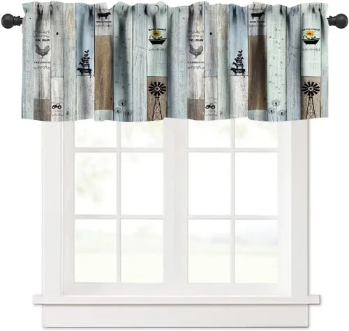 Vista 34 de Cenefa de ventana de gallo de Western Farm, pollo, girasol, retro, con estampado de cuadrícula de búfalo amarillo, bolsillo para barra, tratamientos