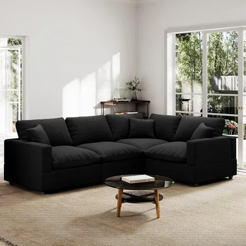 Vista 9 de Sofá seccional moderno de lino en forma de L para sala de estar, sofás modulares con relleno de plumón, fundas de cojín de sofá desmontables, sofá