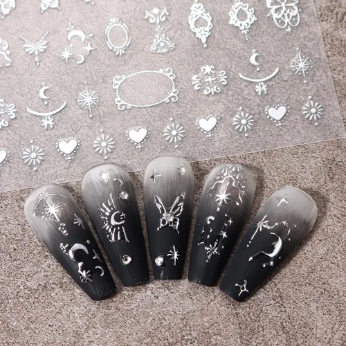 Vista 5 de Calcomanías de uñas metálicas plateadas 3D – Calcomanías de uñas para mujer, diseño de estrellas, luna y sol, decoración de mariposas y bohemio