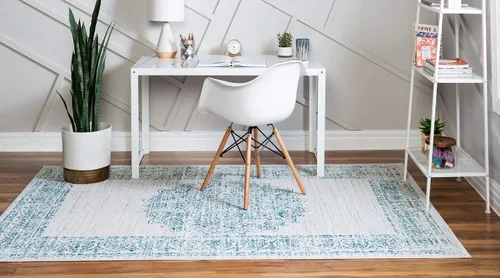 Vista 6 de Unique Loom Aarhus Collection - Alfombra vintage con borde AAR003, 3 x 5 pies, crema/verde azulado
