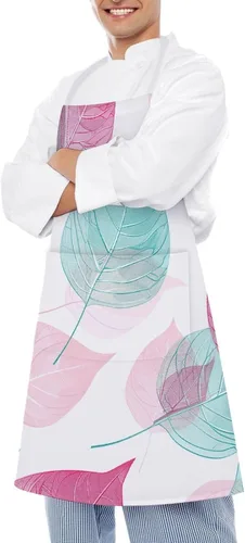 Vista 4 de MUSM Apron for Adults - 27.6 X 31.5 Inch, Heavy-Duty Polyester Aprons with Two Large Pockets, Waterproof Peach And Teal Leaves Kitchen Apron for