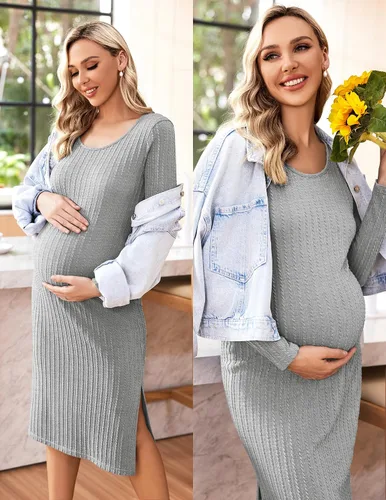 Vista 2 de Ekouaer Maternity Dress Rib Knit Long Sleeve Side Slit Bodycon Dresses Pregnancy Baby Shower Clothes S-XXL