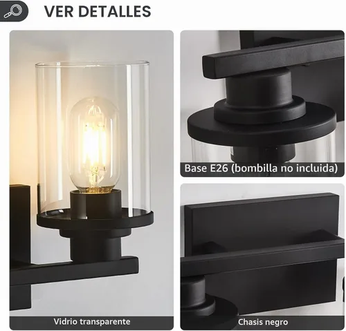 Vista 5 de Accesorios de iluminación de baño, Luz de tocador de baño mate negra de 2 luces, Luces de tocador con base de metal y pantalla de vidrio