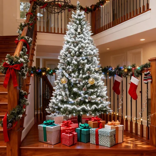 Vista 5 de GAOMON 7.5FT Pre-Lit Flocked Artificial Christmas Tree, 450 Lights Type 12